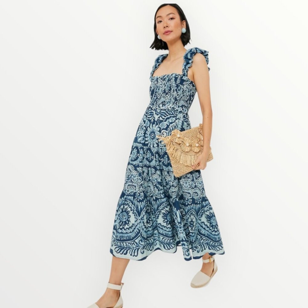 Sea New York Printed Smocked Bodice Ruffle Strap Boho Midi Dress Blue